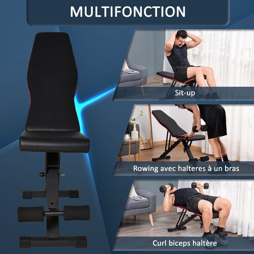 HOMCOM-Banc de musculation pliable - dossier réglable 6 niv. - assise ajutable 4 niv. - coussin dossier assise rembourré, revêtement synthétique - châssis acier rouge noir-3