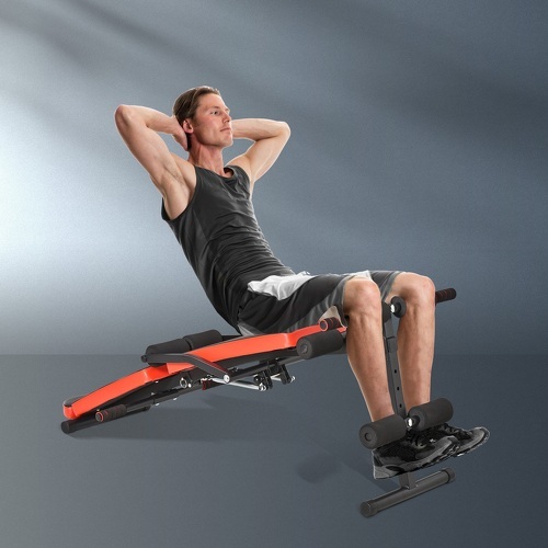 HOMCOM-Banc de musculation pliable hauteur réglable dim. 148L x 58l x 52-65H cm avec poignées acier PU rouge noir-1
