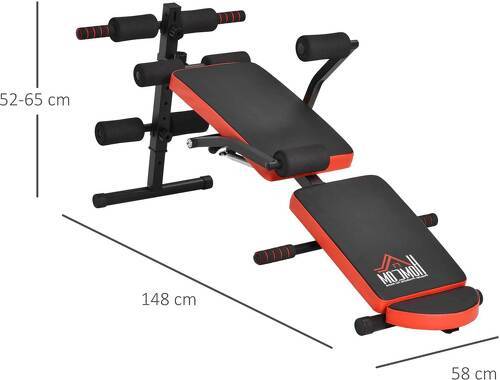 HOMCOM-Banc de musculation pliable hauteur réglable dim. 148L x 58l x 52-65H cm avec poignées acier PU rouge noir-2