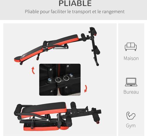 HOMCOM-Banc de musculation pliable hauteur réglable dim. 148L x 58l x 52-65H cm avec poignées acier PU rouge noir-3