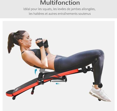 HOMCOM-Banc de musculation pliable hauteur réglable dim. 148L x 58l x 52-65H cm avec poignées acier PU rouge noir-4