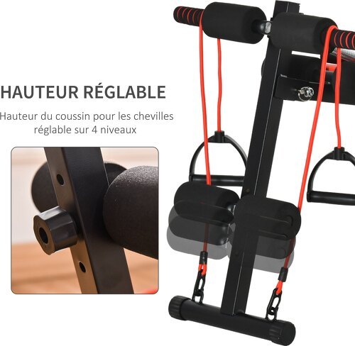 HOMCOM-Banc de musculation pliable réglable - 2 bandes de résistance, ressort central traction, 2 poignées - acier PU rouge noir-4