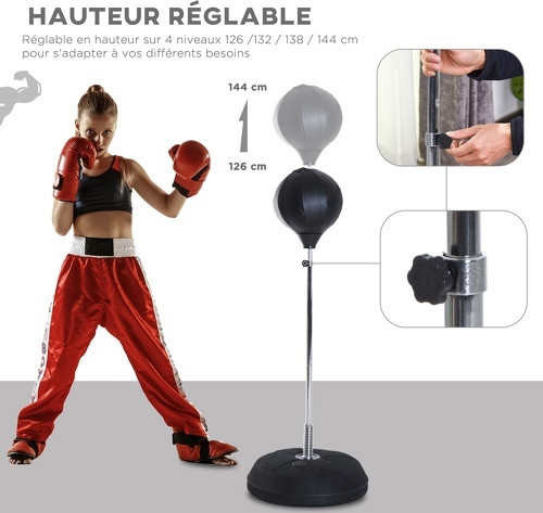 HOMCOM-Punching ball sur pied réglable en hauteur 126-144 cm avec gants, pompe et base de lestage noir-3