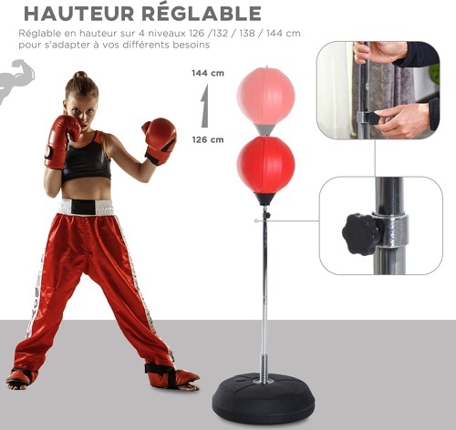 HOMCOM-Punching ball sur pied réglable en hauteur 126-144 cm avec gants, pompe et base de lestage noir-3