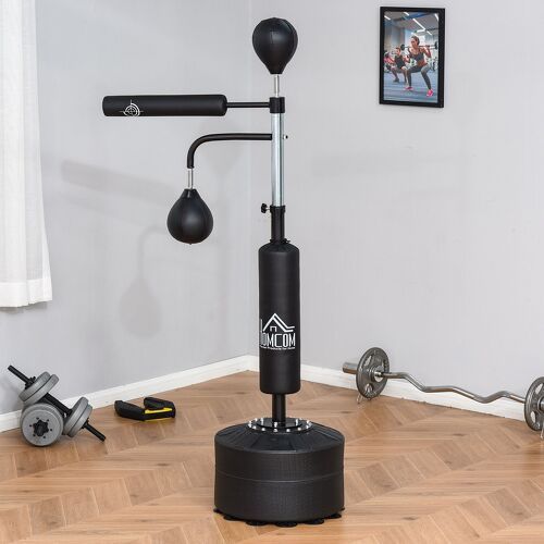 HOMCOM-Sac de frappe boxe autoportant punching ball brunier 3 en 1 revêtement synthétique dim. 88L x 50l x 160-230H cm noir-1