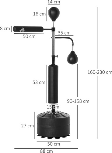HOMCOM-Sac de frappe boxe autoportant punching ball brunier 3 en 1 revêtement synthétique dim. 88L x 50l x 160-230H cm noir-2