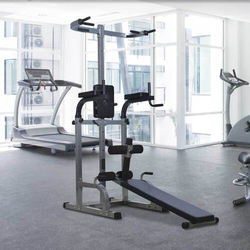 HOMCOM-Station de musculation entrainement complet - barre de traction, à dips, banc de musculation, poignées push-up, curls - acier synthétique gris noir-1