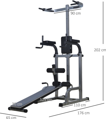 HOMCOM-Station de musculation entrainement complet - barre de traction, à dips, banc de musculation, poignées push-up, curls - acier synthétique gris noir-2