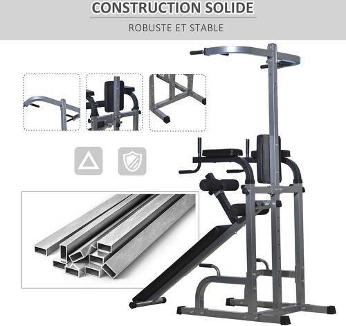 HOMCOM-Station de musculation entrainement complet - barre de traction, à dips, banc de musculation, poignées push-up, curls - acier synthétique gris noir-3