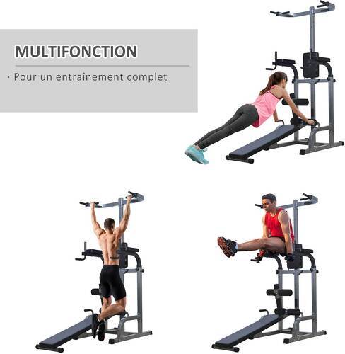 HOMCOM-Station de musculation entrainement complet - barre de traction, à dips, banc de musculation, poignées push-up, curls - acier synthétique gris noir-4
