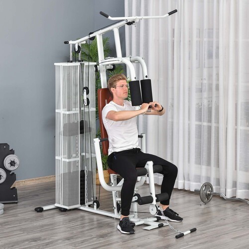 HOMCOM-Station de musculation - entrainement complet - développé couché, butterfly, barre latissimus, curler, bande résistance - 10 contrepoids - acier noir-1