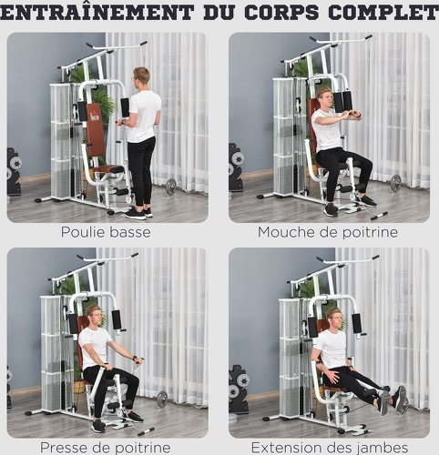 HOMCOM-Station de musculation - entrainement complet - développé couché, butterfly, barre latissimus, curler, bande résistance - 10 contrepoids - acier noir-3