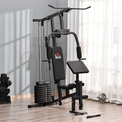 HOMCOM-Station de musculation - entrainement complet - développé couché, butterfly, barre latissimus, curler, bande résistance - 10 contrepoids - acier noir-1