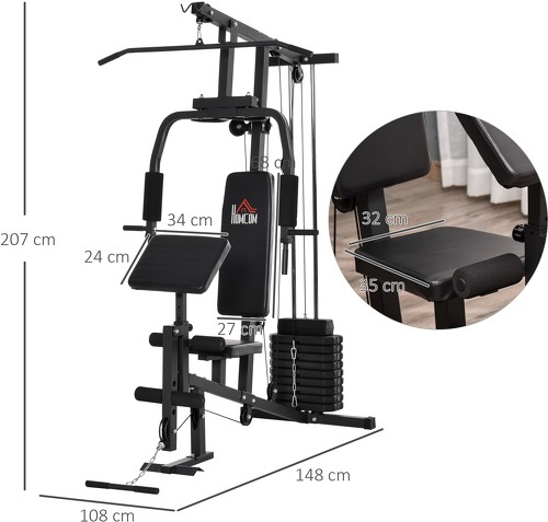 HOMCOM-Station de musculation - entrainement complet - développé couché, butterfly, barre latissimus, curler, bande résistance - 10 contrepoids - acier noir-2