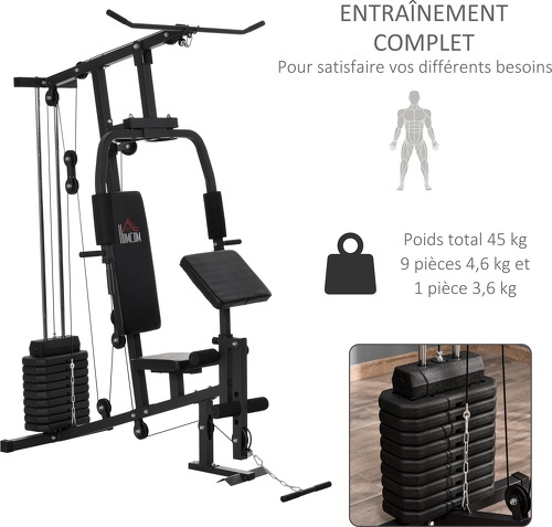 HOMCOM-Station de musculation - entrainement complet - développé couché, butterfly, barre latissimus, curler, bande résistance - 10 contrepoids - acier noir-3