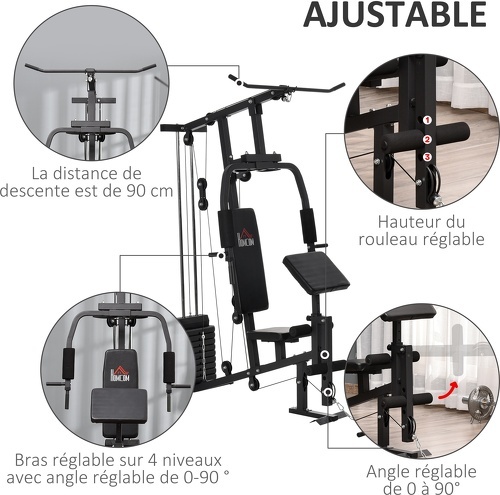 HOMCOM-Station de musculation - entrainement complet - développé couché, butterfly, barre latissimus, curler, bande résistance - 10 contrepoids - acier noir-4
