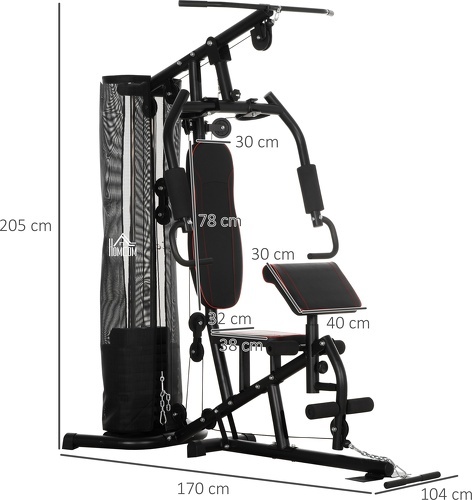 HOMCOM-Station De Musculation Entrainement Complet Développé Couché, Butterfly, Barre Latissimus, Curler, Bande Résistance, 10 Contrepoids Acier-2