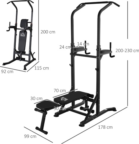 HOMCOM-Station de musculation Fitness entrainement complet - barre de traction, à dips, banc de musculation pliable, poignées push-up  - acier noir-2