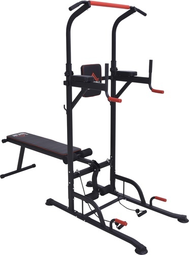 HOMCOM-Station de musculation Fitness entrainement complet - barre de traction, à dips, banc de musculation pliable, poignées push-up, bandes résistance  - acier noir rouge-image-1