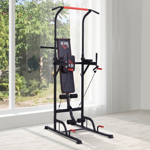 HOMCOM-Station de musculation Fitness entrainement complet - barre de traction, à dips, banc de musculation pliable, poignées push-up, bandes résistance  - acier noir rouge-1