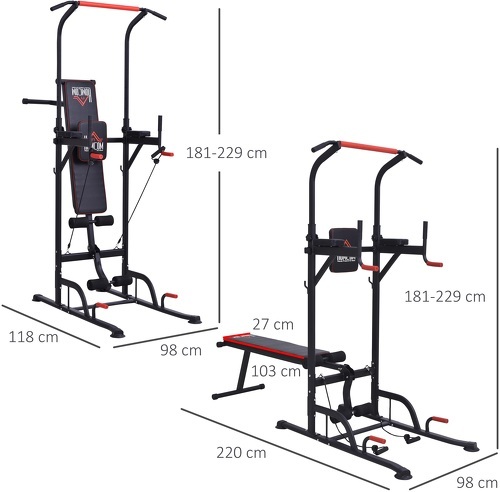 HOMCOM-Station de musculation Fitness entrainement complet - barre de traction, à dips, banc de musculation pliable, poignées push-up, bandes résistance  - acier noir rouge-2