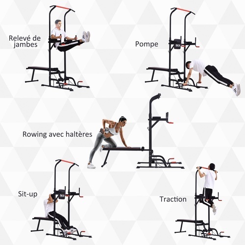 HOMCOM-Station de musculation Fitness entrainement complet - barre de traction, à dips, banc de musculation pliable, poignées push-up, bandes résistance  - acier noir rouge-3