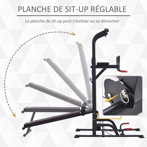 HOMCOM-Station de musculation Fitness entrainement complet - barre de traction, à dips, banc de musculation pliable, poignées push-up, bandes résistance  - acier noir rouge-4