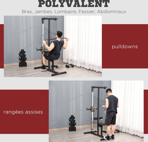 HOMCOM-Station de musculation pour tirage poitrine - lat pulldown machine avec bande de résistance - banc de musculation - acier PVC noir-3