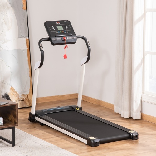 HOMCOM-Tapis de course électrique pliable 1-12Km/h 400W grand écran LCD multifonction 12 programmes clé sécurité acier ABS noir blanc-1