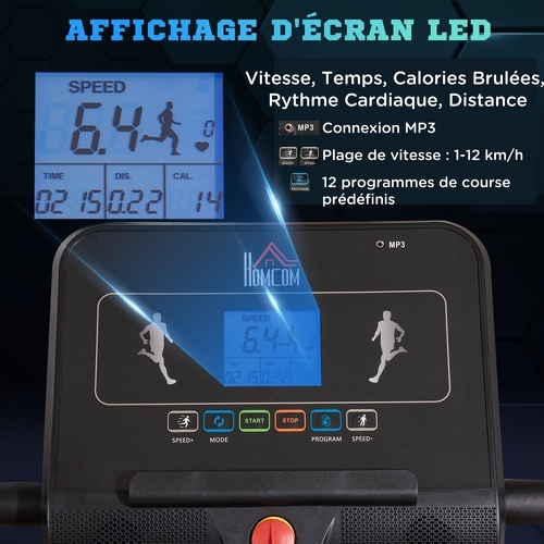 HOMCOM-Tapis de course électrique pliable 1-12Km/h 400W grand écran LCD multifonction 12 programmes clé sécurité acier ABS noir blanc-3