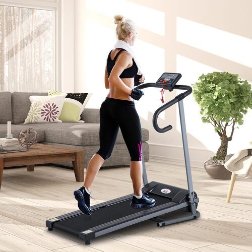 HOMCOM-Tapis de course Fitness électrique pliable - 1 à 10 Km/h - écran LCD multifonctions - puissance 500 W - gris foncé noir-1