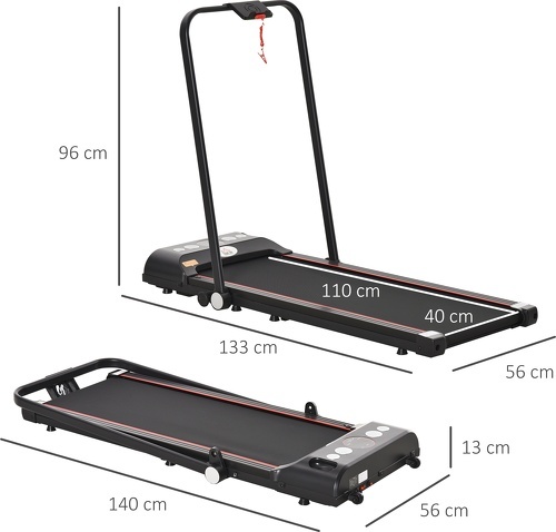 HOMCOM-Tapis de marche électrique pliable 500 W - V. max. 6 Km/h - écran LED multifonction - télécommande, fonction bluetooth - acier ABS rouge noir-2