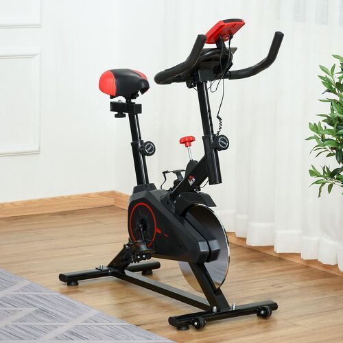 HOMCOM-Vélo d'appartement avec écran LCD multifonctions vélo biking cardio training selle et guidon réglables volant inertie 6 Kg acier noir rouge-1