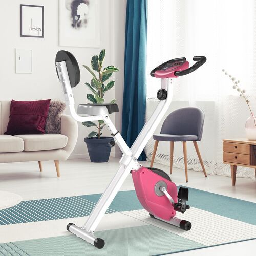 HOMCOM-Vélo d'appartement pliable 8 niveaux de résistance magnétique selle réglable dossier écran LCD multifonction capteur fréquence cardiaque rose-1