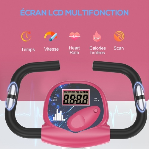 HOMCOM-Vélo d'appartement pliable 8 niveaux de résistance magnétique selle réglable dossier écran LCD multifonction capteur fréquence cardiaque rose-3