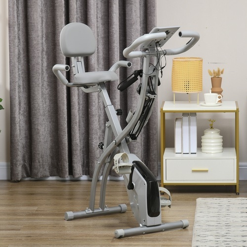 HOMCOM-Vélo d'appartement pliant 8 niveaux de résistance magnétique dossier selle réglable poignées ergonomiques écran LCD multifonction suspensions support tablette acier rose blanc-1