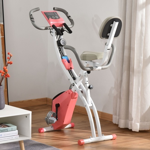 HOMCOM-Vélo d'appartement pliant 8 niveaux de résistance magnétique dossier selle réglable poignées ergonomiques écran LCD multifonction suspensions support tablette acier rose blanc-1