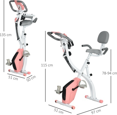 HOMCOM-Vélo d'appartement pliant 8 niveaux de résistance magnétique dossier selle réglable poignées ergonomiques écran LCD multifonction suspensions support tablette acier rose blanc-2