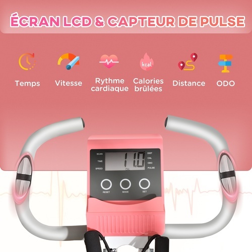 HOMCOM-Vélo d'appartement pliant 8 niveaux de résistance magnétique dossier selle réglable poignées ergonomiques écran LCD multifonction suspensions support tablette acier rose blanc-3