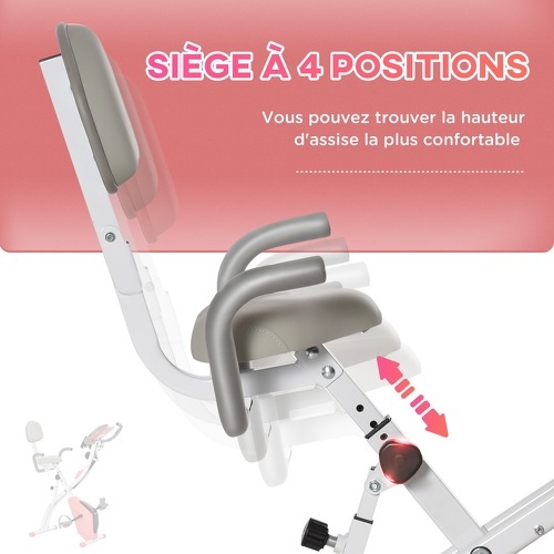 HOMCOM-Vélo d'appartement pliant 8 niveaux de résistance magnétique dossier selle réglable poignées ergonomiques écran LCD multifonction suspensions support tablette acier rose blanc-4