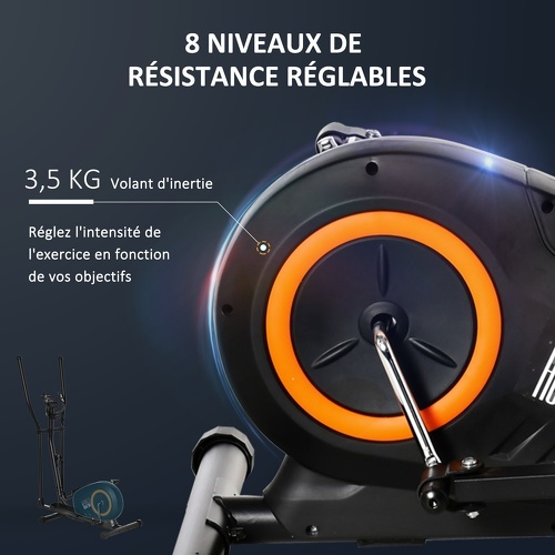 HOMCOM-Vélo elliptique vertical écran LCD multifonction capteur fréquence cardiaque roulettes déplacement résistance réglable acier ABS orange noir-4