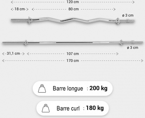 GORILLA SPORTS-Lot Barre longue de 170cm + Barre curl de 120cm, diamètre 30mm avec bague de serrage-4