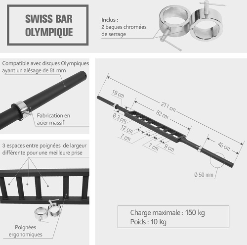 GORILLA SPORTS-Swiss Barre multigrip prise droite - diamètre olympique 50/51mm-1