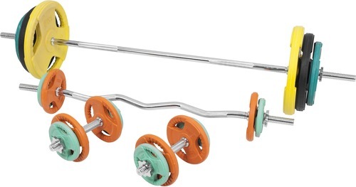 GORILLA SPORTS-Set en caoutchouc grip avec barre longue de 170cm, barre curl de 120cm et deux barres courtes de 35cm avec bague de serrage (105,5kg total)-2