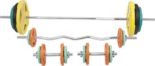 GORILLA SPORTS-Set en caoutchouc grip avec barre longue de 170cm, barre curl de 120cm et deux barres courtes de 35cm avec bague de serrage (105,5kg total)-4