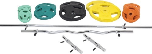 GORILLA SPORTS-Set en caoutchouc grip avec barre longue de 170cm, barre curl de 120cm et deux barres courtes de 35cm avec stop disques (105,5kg total)-0