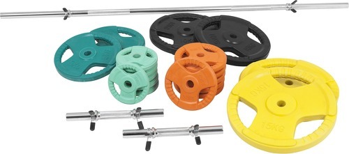 GORILLA SPORTS-Set en caoutchouc grip avec barre longue de 170cm et deux barres courtes de 35cm avec stop disques (97,5kg total)-0