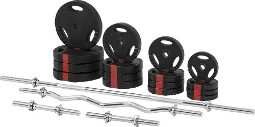 GORILLA SPORTS-Set d'haltères 97,5 Kg (disques plastique à poignées + barres)-0