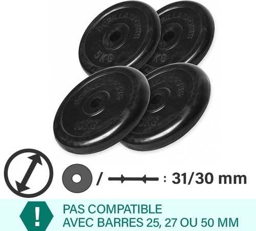 GORILLA SPORTS-Lot des poids en caoutchouc de 30kg (2x5kg et 2x10kg) de diamètre 31mm-1