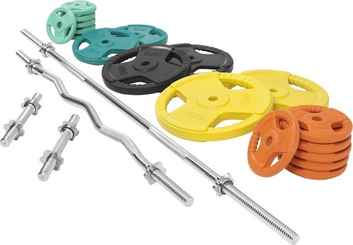 GORILLA SPORTS-Set en caoutchouc grip avec barre longue de 170cm, barre curl de 120cm et deux barres courtes de 35cm avec bague de serrage (105,5kg total)-3